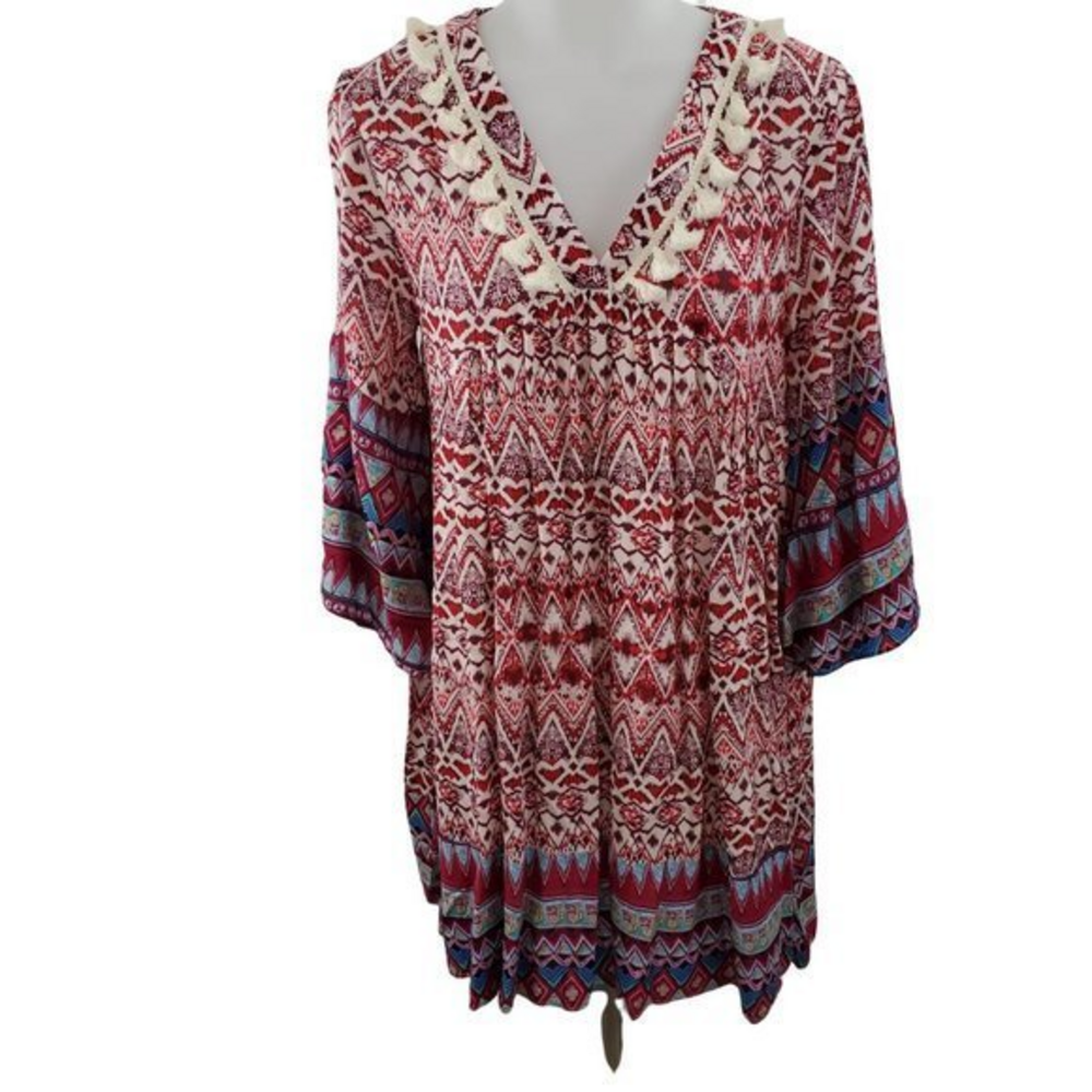 Umgee Dress S Tassel Red Blue Tribal Bell Sleeve A‎